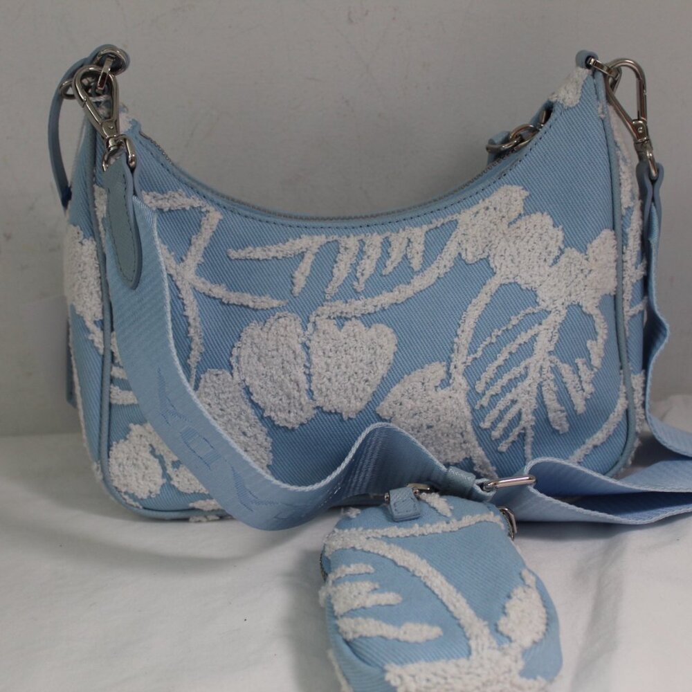 Prada Re-Edition 2005 Embroidered Drill Shoulder Bag wPouch Blue White Crossbody - Picture 4 of 16